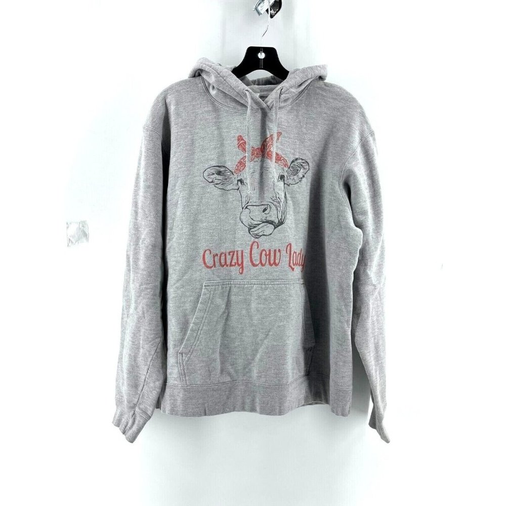 Crazy Cow Lady Rosie Women's Gray Pullover Graphic Hoodie Sweatshirt Size L